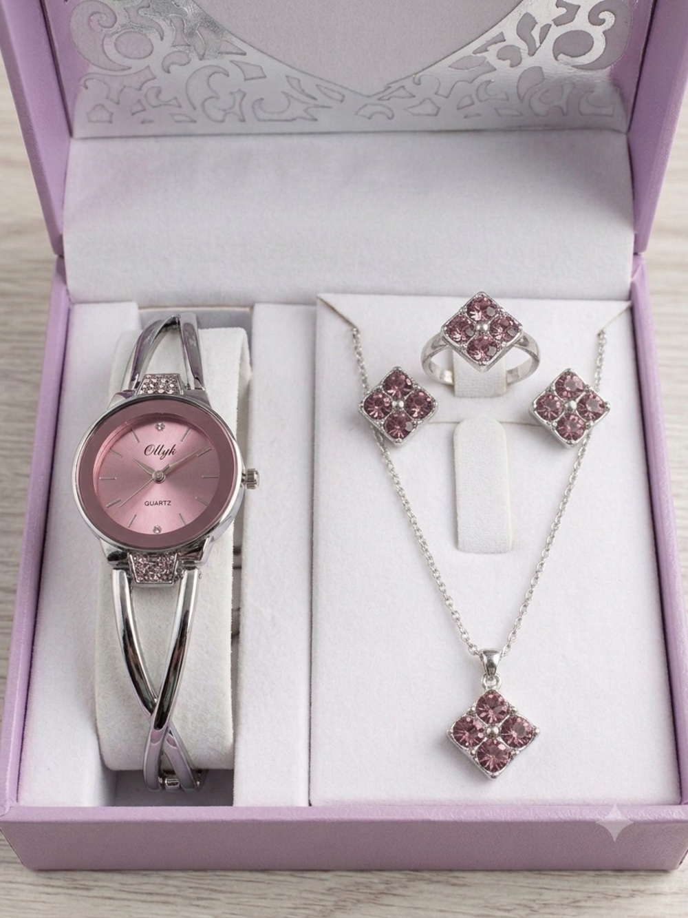 ONKY Silver Bangle Watch & Purple Crystal Jewelry Set - Women's Accessories. NIB